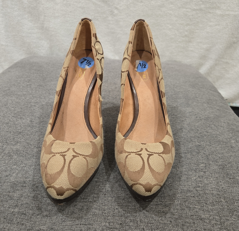 Coach Tan Signature Canvas Pointed Toe Pumps